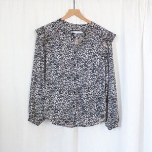 Rebecca Minkoff Long Ruffle Sleeve Button Front Black and White Floral Blouse S